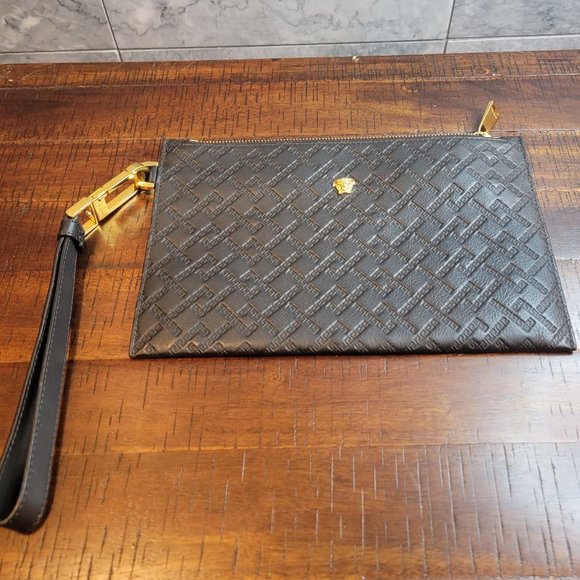 Authentic Versace Black Leather Wristlet Clutch, Gold Hardware 6.5"(L) x 10"(W) - Picture 3 of 14